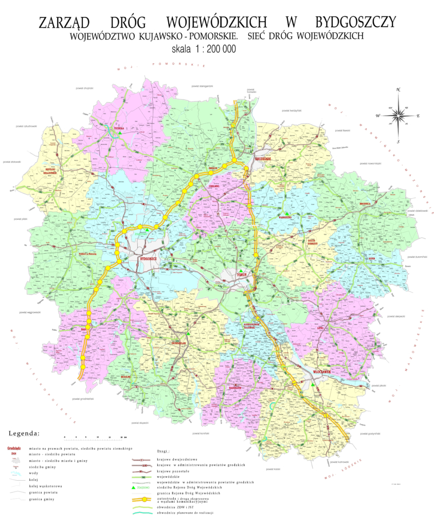 Mapa ZDW Bydgoszcz z podziałem na rejony